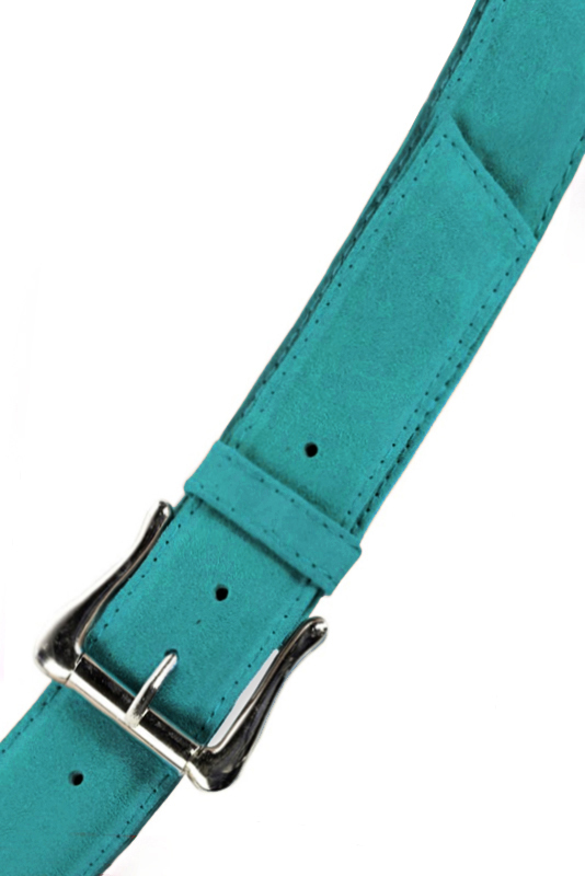 Aquamarine blue women's dress belt, matching pumps and bags. Made to measure. Top view - Florence KOOIJMAN